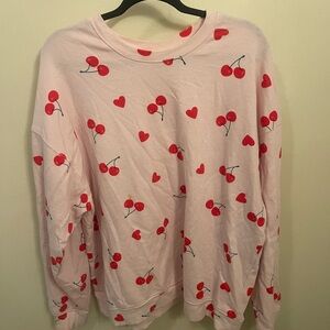 Pink Sweatshirt with Red Cherry and Heart Print